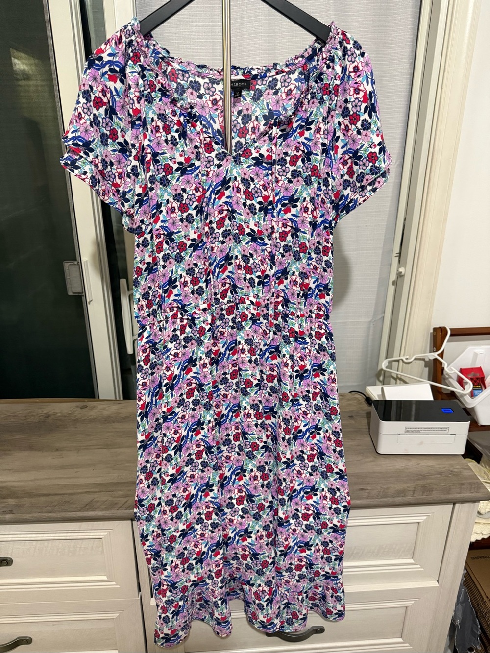 Floral Short-Sleeve Midi Dress in Pink and Blue